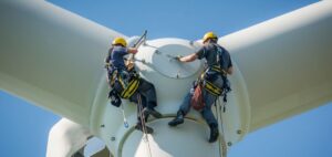 Techniciens au sommet d'une éolienne pour des réparations