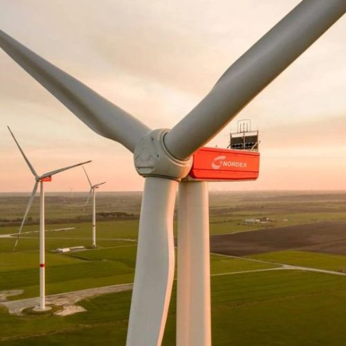 An image of the Nordex wind turbine in operation in an American landscape.