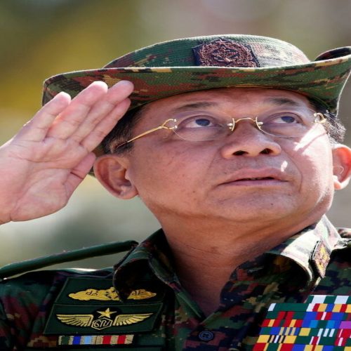 FILE PHOTO: Myanmar military commander-in-chief, Senior General Min Aung Hlaing, salutes while attending a military exercise at Ayeyarwaddy delta region in Myanmar